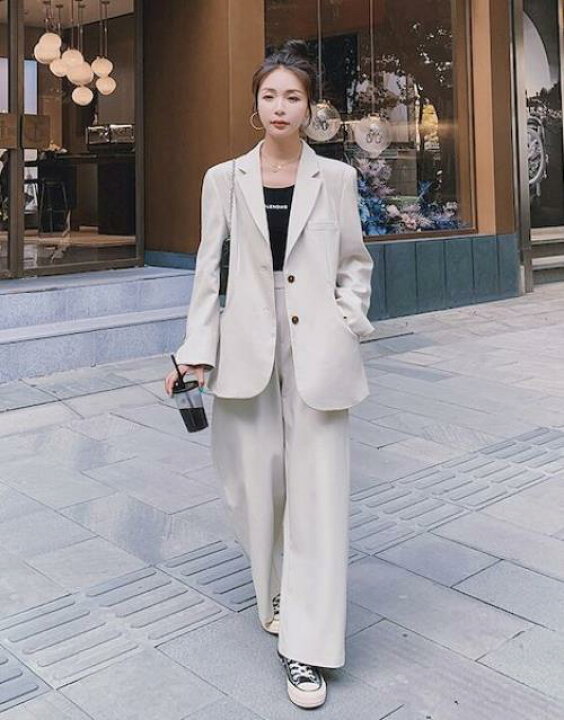 楽天市場】セットアップ レディース 韓国 カジュアル 私服 パンツ スーツ ジャケット フォーマル オフィス 2点セット ツーピース 無地 Vネック  春 秋 長袖 可愛い 上下セット きれいめ テーラードジャケット ワイドパンツ ワイドレッグ ゆったりめ 体型カバー ホワイト ...