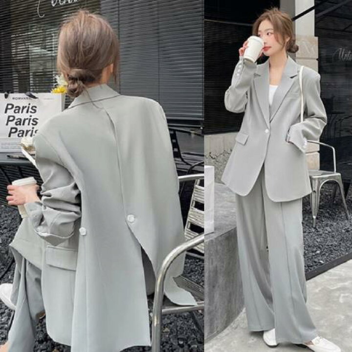 楽天市場】セットアップ レディース 韓国 カジュアル 私服 パンツ スーツ ジャケット フォーマル オフィス ツーピース 無地 Vネック 春 秋 長袖  可愛い 上下セット きれいめ テーラードジャケット ワイドパンツ ワイドレッグ バックボタン 個性的 モスグリーン S M L XL ...