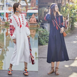 ワンピース エスニック 刺繍 リゾート 民族衣装 可愛い 春 夏 ロングワンピ パフスリーブ レディース フレア 韓国 花柄 クルーネック 秋 長袖 ロング丈 タッセル Aライン カジュアル ゆったり