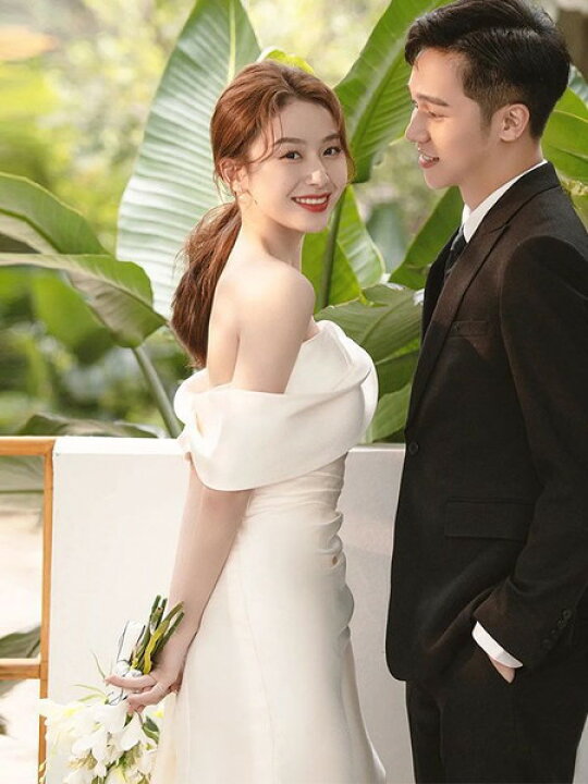 M 結婚式 ドレス 結婚式 韓国 オフショルダー リボン パーティー 前  