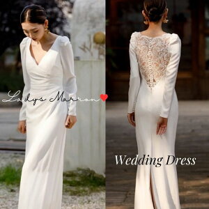 ウェディングドレス マーメイド 白 花嫁 前撮りドレス かわいい 花嫁二次会ドレス フォトウェディング 二次会ドレス 韓国 無地 花柄 Vネック 春 夏 秋 冬 ロング丈 長袖 可愛い 前撮り 後撮り