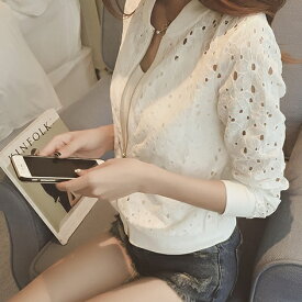 トップス ブラウス アウター レース 薄手 透け感 シースルー 韓国ファッション レディース ホワイト ブラック M L XL XXL