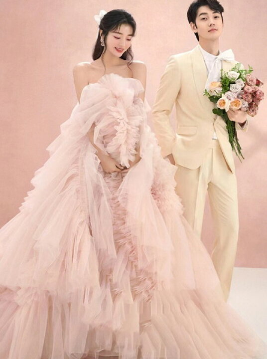 ウェディングドレスカラードレスチュール前撮り韓国ピンク結婚式 