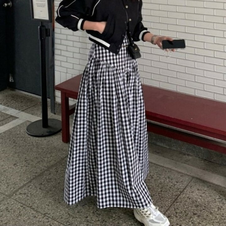 ルネ Rene フレアスカート ミモレ ロング ギンガムチェック柄 34 黒  