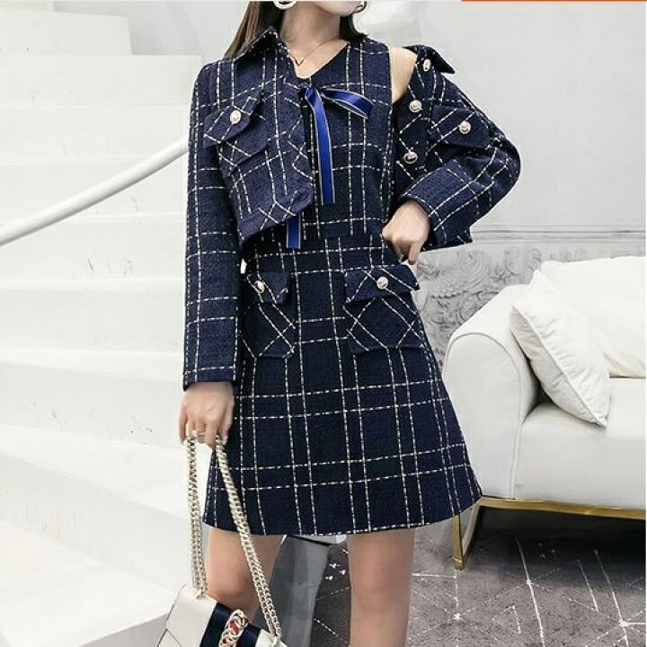 楽天市場 セットアップ ツーピース チェック柄 襟付き ジャケット スカート 秋 冬 長袖 ミニ丈 カジュアル デート オルチャン 可愛い フェミニン ガーリー 個性的 お嬢様 韓国ファッション レディース ブルー S M L Xl レディースマロン