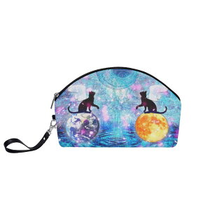 お得なクーポン 送料無料 月ネコと地球ネコ(丸型コスメポーチ) 丸型コスメポーチ レディース バッグ アート 青 可愛い イラスト ねこ 花 写真 月 綺麗 星 スタイリッシュ ファンタジー
