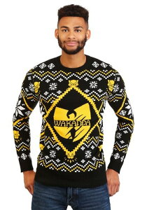 �u���b�N Panther Wakanda �u���b�N/Gold Intarsia Knit Ugly Sweater �N���X�}�X �n���E�B�� �����Y �R�X�v�� �ߑ� �j�� ���� �j���p �C�x���g �p�[�e�B �n���E�B�[�� �w�|��