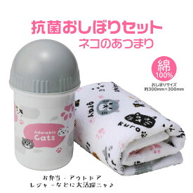 抗菌おしぼりセット ネコのあつまり 猫の日 ねこ柄 ハンドタオル おしぼりケース お手拭き おてふき ハンカチ 手拭き ケース付 子供 キッズ 給食 抗菌加工 お弁当グッズ 遠足 公園 アウトドア レジャー 新生活応援 GW ランチグッズ 綿100％