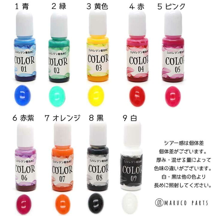 楽天市場 Color Uvレジン着色料 10g 1本 液体 着色剤 カラー 色 ニュアンスク レジン ハンドメイド パーツ シリコンモールド カボション作り オリジナルレジン 高発色 Resin Maruco Parts