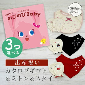 出産祝い カタログギフト のびのび Baby 3つ選べる だっこ！コース＆ ミトン & スタイ セット【 ビブ バンダナ 3種から選べる ビセラ 日本製 国産 お祝い 男の子 女の子 赤ちゃん ベビー 綿 ギフト シャディ】