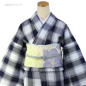 単品 フリーサイズ 単衣着物 綿麻着物 琵琶上布 紺・水色地格子柄 仕立て上り女性きもの お届け後すぐ着れます 涼しげなシボの風合い 洗濯OK 単衣仕立 送料無料