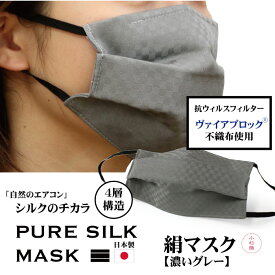 絹 マスク 日本製 洗える 濃いグレー 極小 市松格子 プリーツ 抗ウィルス 抗菌 シルク 小杉 絹マスク 4層 敏感肌 女性 男性 大人 個包装 おしゃれ 洗えるマスク ギフト 在庫あり
