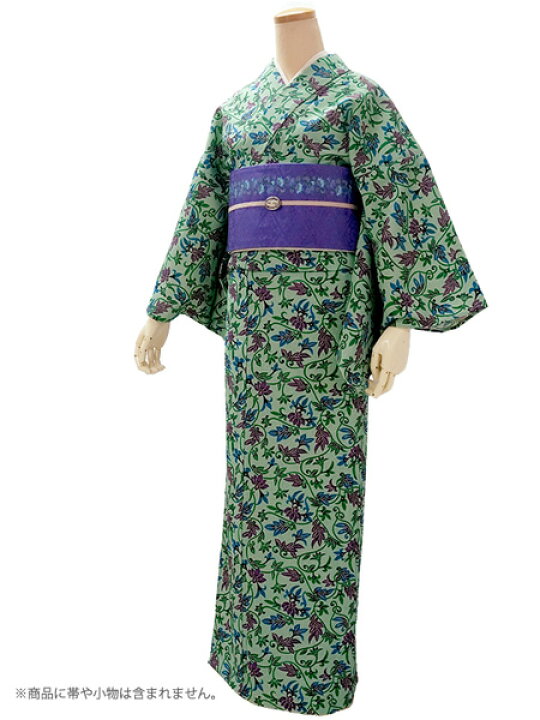 楽天市場】洗える 着物 夏物 浴衣 単品 グリーン 唐草 Lサイズ ブラン 