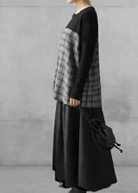 トップス チュニック 長袖 40代 50代 ゆったり 大きいサイズ レディース Tシャツ 長袖 40代 50代 ゆったり 大きいサイズ モノトーン ドルマン 二ットソー バイカラー 黒×グレンチェック 柄 プリント