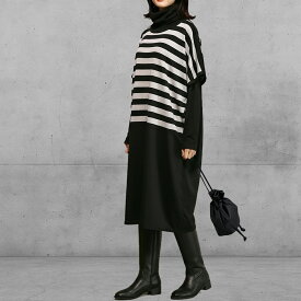 大きいサイズ チュニック ワンピース ボーダー 30代 40代 50代 ゆったり 重ね着 プリント 切り替え 配色 ワンピー ドルマン カットソー レディース チュニックワンピ チェック 黒×モノトーン プリント 着丈約100cm