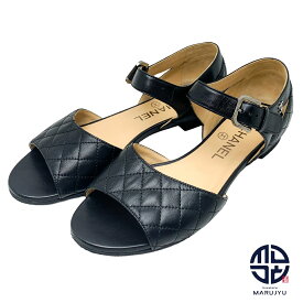 CHANEL シャネル 黒 ブラック CCマーク ココマーク マトラッセ キルティング シルバー金具 サンダル アンクルストラップ 36C 約23.0cm ブランド クツ 靴 ローヒール レディース ※ビブラム裏張り【中古】