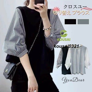 一部 ブラウス 切り替え レイヤード風 カットソー 重ね着 プリーツ切替 カジュアル ドッキング トップス レディース 春 夏 Tシャツ チュニック ゆったり