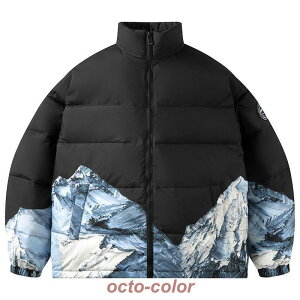 ボリュームネックのショート丈ダウンコート メンズ 柄物 英文字プリント おしゃれ 60ダウン 軽量 防寒対策 暖かい カッコイイ ストリート アウター 冬物 厚着