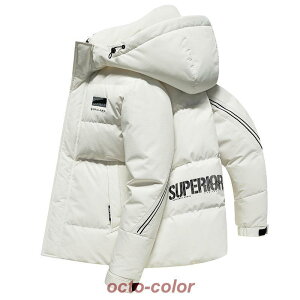 背面におしゃれな英文字プリント入りのショート丈ダウンジャケット メンズ 85%ダウン フード付き 通勤 通学 キレイめ 防寒 防風 保温 アウトドア ブルゾン