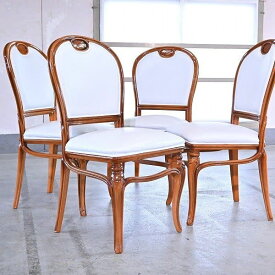 イタリア製 サロンチェア 4脚セット 本革 ダイニング サイド ハイバック 彫刻 アンティーク調 クラシカル Italy【中古家具/中古インテリア/USED家具ユーズド家具/リサイクル】