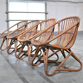 希少 山川ラタン 籐椅子4点セット 山川七郎 チェア スツール シングルソファ 一人掛け ビンテージ【 中古家具/中古インテリア/USED家具ユーズド家具/リサイクル】