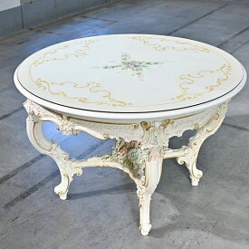 ★ 最高級 イタリア製 Silik 140万「Dafna」ラウンドダイニングテーブル ブナ材 天然木 ガラストップ 花 金箔細工 ハンドペイント シリック 【 中古家具/中古インテリア/USED家具ユーズド家具/リサイクル】