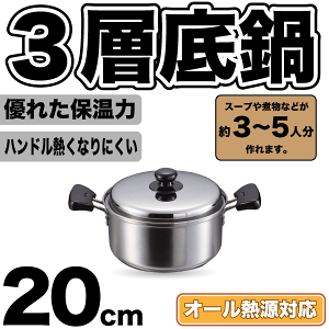 3層底鍋 ステンレス ガス火 IH対応 両手鍋 20cm 専用蓋付き クックパレス オール熱源対応 パール金属 【HB-2527】