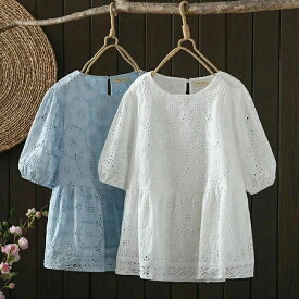 ［500円クーポンで3480円］ブラウス チュニック レディース シャツブラウス 刺繍 レース 半袖 夏 透かし彫り チュニックブラウス トップス カットソー クルーネッ
