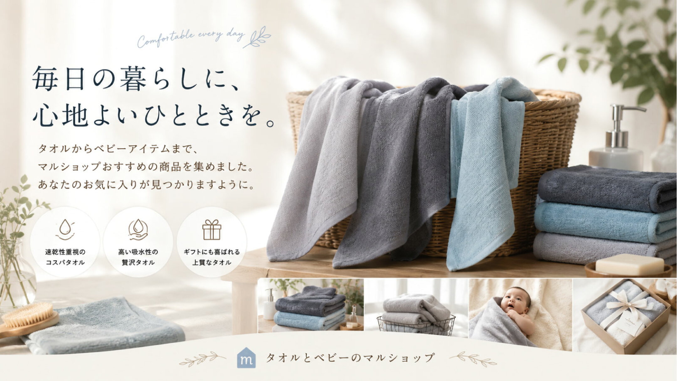 毎日の暮らしに心地よさを。タオルからベビーアイテムまで、速乾性や高い吸水性、ギフトにも選びやすいマルショップおすすめの商品をご紹介。
