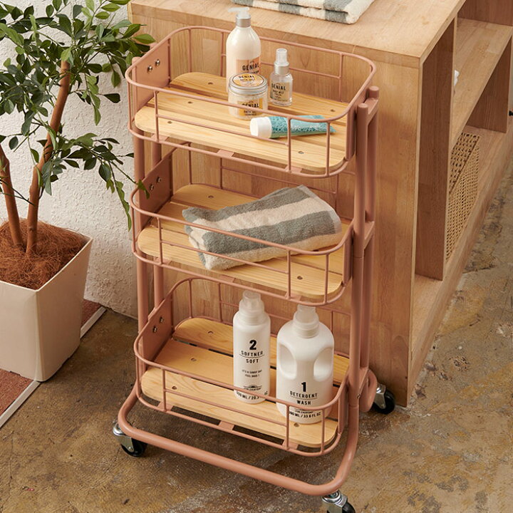 楽天市場】スチールワゴン 3段 木製棚板 天然木製 スリム キャスター  