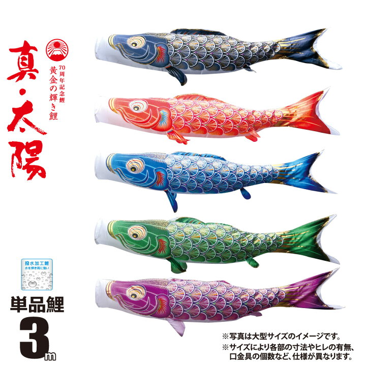 楽天市場】鯉のぼり 単品 真・太陽 3m 口金具付き カラー 黒鯉|赤鯉|青 