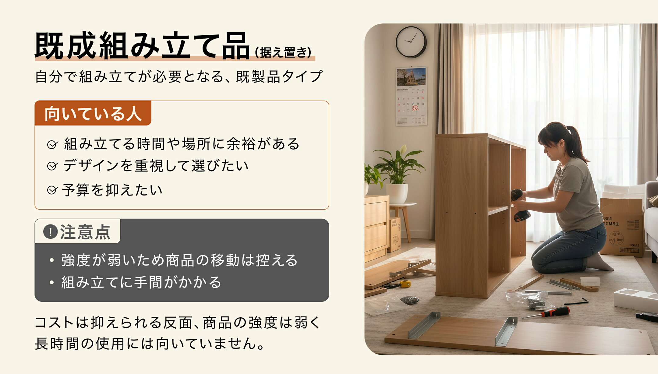 既成組み立て品（据え置き）自分で組み立てが必要となる、既製品タイプです。向いている人「組み立てる時間や場所に余裕がある」。注意点「強度は弱いため商品の移動は控える」。コストは抑えられる反面、商品の強度は弱く長時間の使用には向いていません。