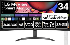 LG �X�}�[�g���j�^�[ MyView Smart Monitor 34SR60QC-B 34�C���`/3440×1440/100Hz/webOS/sRGB 99%/HDR/�A���`�O���A/Miracast/AirPlay 2/�`���[�i�[���X�e���r/ 3�N���S�E���P�_�ۏ�