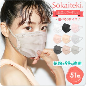 マスク 不織布 血色 血色マスク カラー 不織布マスク チークマスク 衛生マスク 51枚 プリーツ 呼吸がラク 耳が痛くならない 花粉対策 大人 子供 ふつう 小さめ こども レディース メンズ sokaiteki Original 送料無料