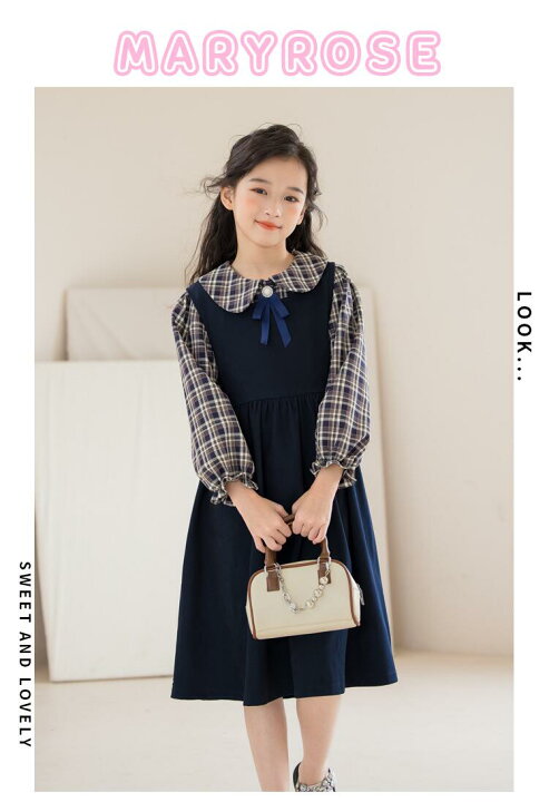 楽天市場】女の子 ワンピース チェックシャツ 丸襟 何の服 かわいい 紺 