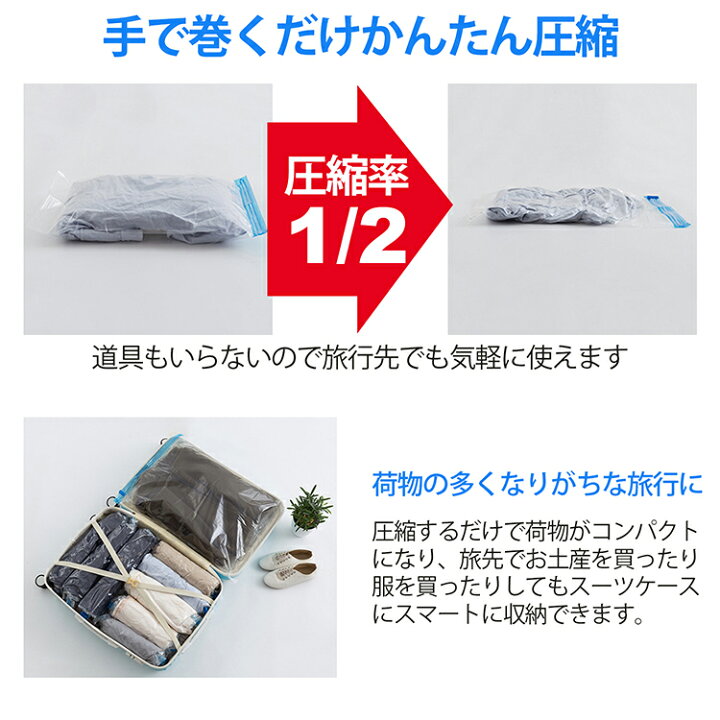 楽天市場 全品pアップ Max10倍 4 18 市場の日 圧縮袋 6枚セット 収納袋 衣類 旅行用 おむつ セーター 羽毛 ケース 海外 外国 ニット Tシャツ 服 ジャケット コート シーツ 枕 布団 スペース 時短 衣替え スーツケース ファスナー 荷物 出張 掃除 片付け 雑貨
