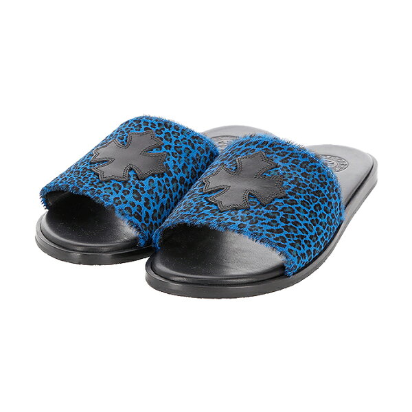 【新品】 【最短即日発送】 CHROME HEARTS LEATHER CROSS PATCH HARAKO LEATHER FLAT SANDALS クロムハーツ レザー クロスパッチ ハラコ レザー フラット サンダル Central Cee ストリート メンズ ブルー 42 43 44 サイズ オンライン