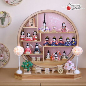 【SS限定全品P5倍！4日-11日 1:59まで】木村一秀作 国産杉・円窓飾り15人総揃 総木製道具6品 コードレス手描き雪洞 杉製円形丸型 丸窓 桜橘　例年実店舗早期完売品 ひな人形 雛人形 お雛様 十五人 六品 かわいい