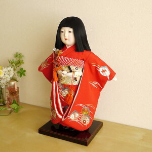 元賀章介作 10号(尺)正絹手刺繍 波に貝合わせ 赤色 手塗本漆塗台  市松人形 女の子 かわいい 上品 童 国産 雛人形 お雛様