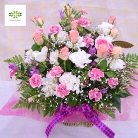 華やかなピンク系の生花を使った 当店オリジナルのアレンジメント 送料無料 自宅用 贈答用 プレゼント 贈り物 ギフト フラワーギフト