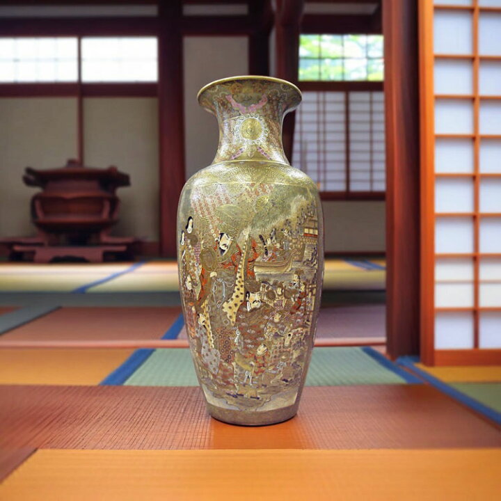 薩摩焼 骨董 双耳 金襴手 青粒 壺 武者/人物図 花瓶 飾り壺 インテリア 
