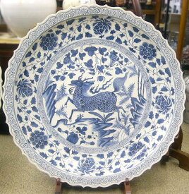 景徳鎮 青花 麒麟文盤 特大皿 3.5尺 直径約1m15cm 中国美術 染付 大皿