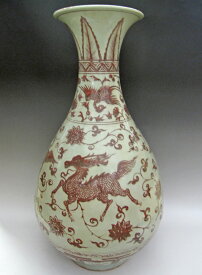景徳鎮　釉裏紅麒麟鳳凰文花生 希少 花瓶 高さ約60cm 壺 中国 美術 陶磁器