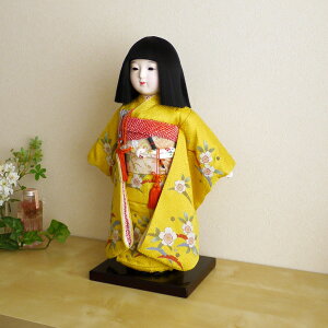 市松人形 元賀章介 12号尺二正絹手刺繍 露芝に桜 カラシ色 台 増村人形店 MMN0191