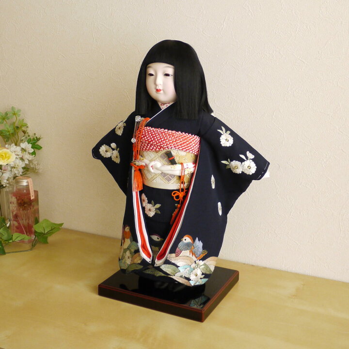 楽天市場 増村限定品 元賀章介作 10号 尺 正絹手刺繍 おしどり 紺色 手塗本漆塗台 市松人形 女の子 かわいい 上品 童 国産 雛人形 人形の増村 楽天市場店