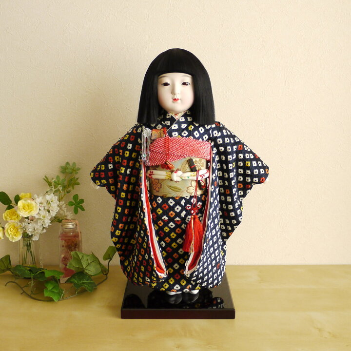 楽天市場 増村限定品 元賀章介作 12号 尺二 着尺 正絹 絞り染 紺色 越前塗台 増村人形オリジナル作品 市松人形 女の子 かわいい 上品 童 国産 雛人形 お雛様 おひなさま お雛さま 人形の増村 楽天市場店