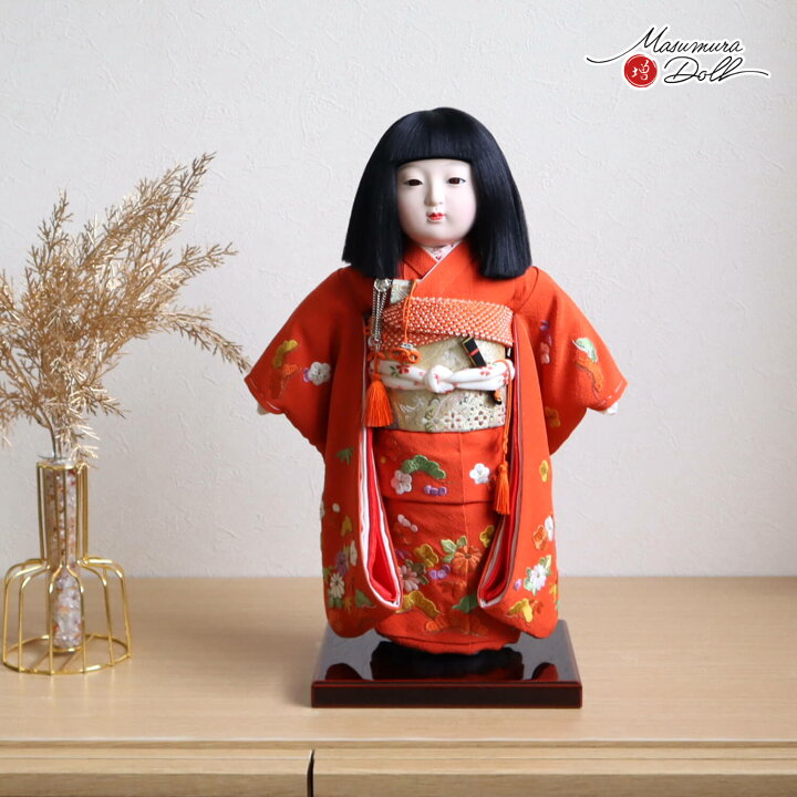 楽天市場】市松人形 元賀章介 10号尺二 手刺繍 松竹梅に菊 赤 市松人形 