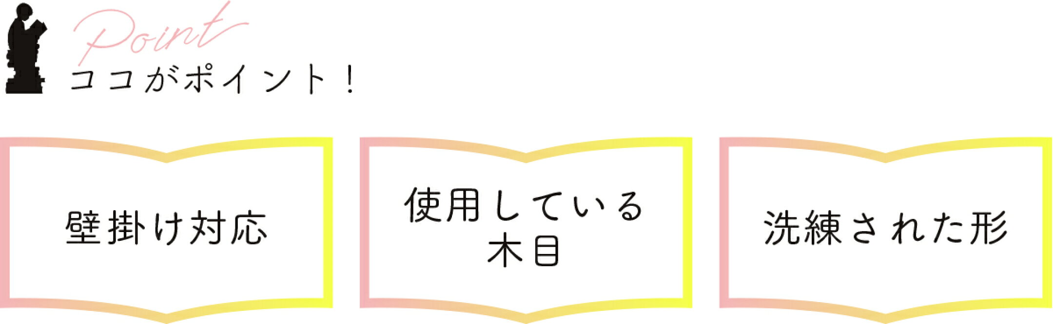 「壁掛け対応」「使用している木目」「洗練された形」