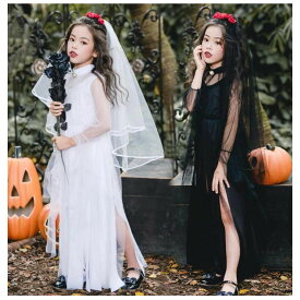 女の子用 キッズ ハロウィン 仮装 コスプレ ゴシック ドレス ロングワンピース 悪魔 吸血鬼 魔女 ゴシック花嫁 ドラキュラ ダークプリンセス コスチューム 3点セット ベール 首飾り フリフリ スカート チュール ロリータ お姫様 イベント 学園祭 パーティー 黒 白​