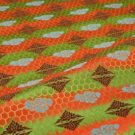 向かい鶴 雲 亀甲 〆切 有職文様 オレンジ 西陣織 金襴 正絹 シルク 半巾30cm 長さ10cm単位 和柄生地 布地 マスク マスクケース カットクロス 和布 和風生地 和生地